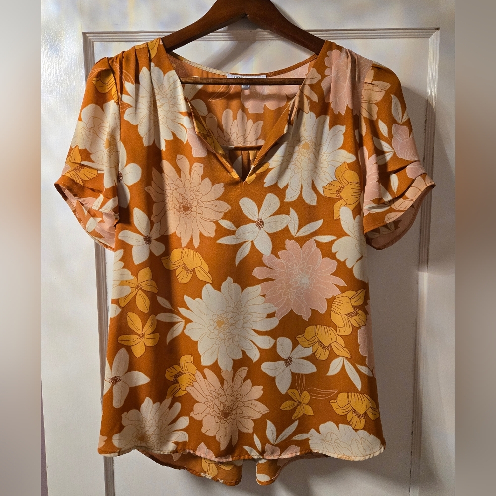 DR2 Orange Floral V-Neck Fall Blouse Sz M